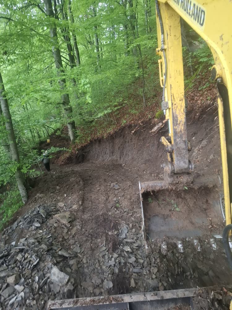 Săpătură într-o pantă de pădure: utilajul pe șenile ajunge unde nu intră altceva.